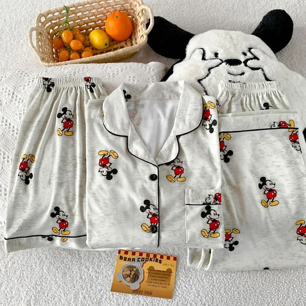 Womens 3 Piece Mickey Mouse Pajama Set With Short Sleeve Top Long Pants And Shorts 4