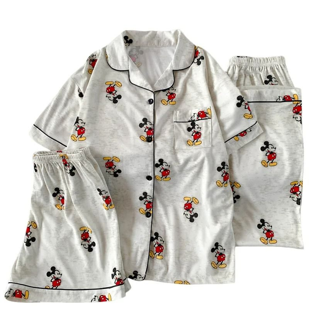 Womens 3 Piece Mickey Mouse Pajama Set With Short Sleeve Top Long Pants And Shorts 5