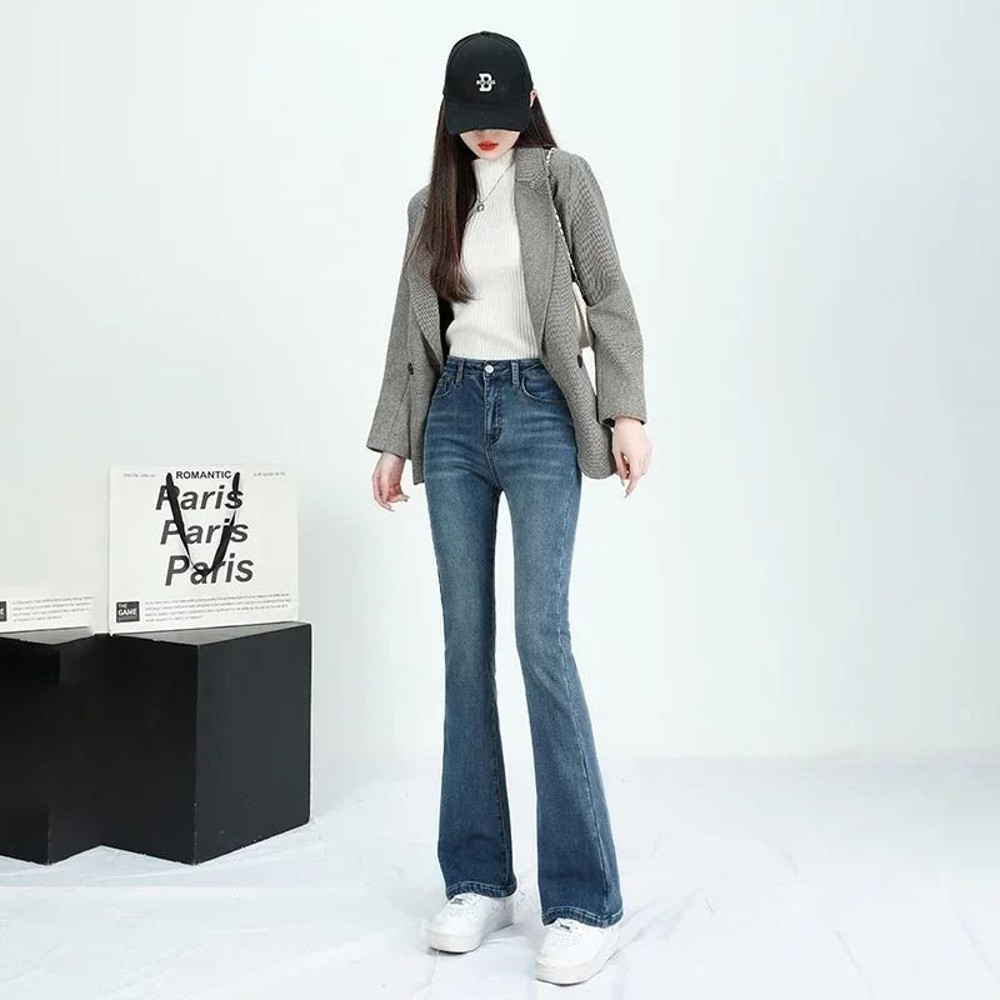 Women Winter High Waist Flare Denim Pants Warm Fleece Lined Retro Slim Fit 3