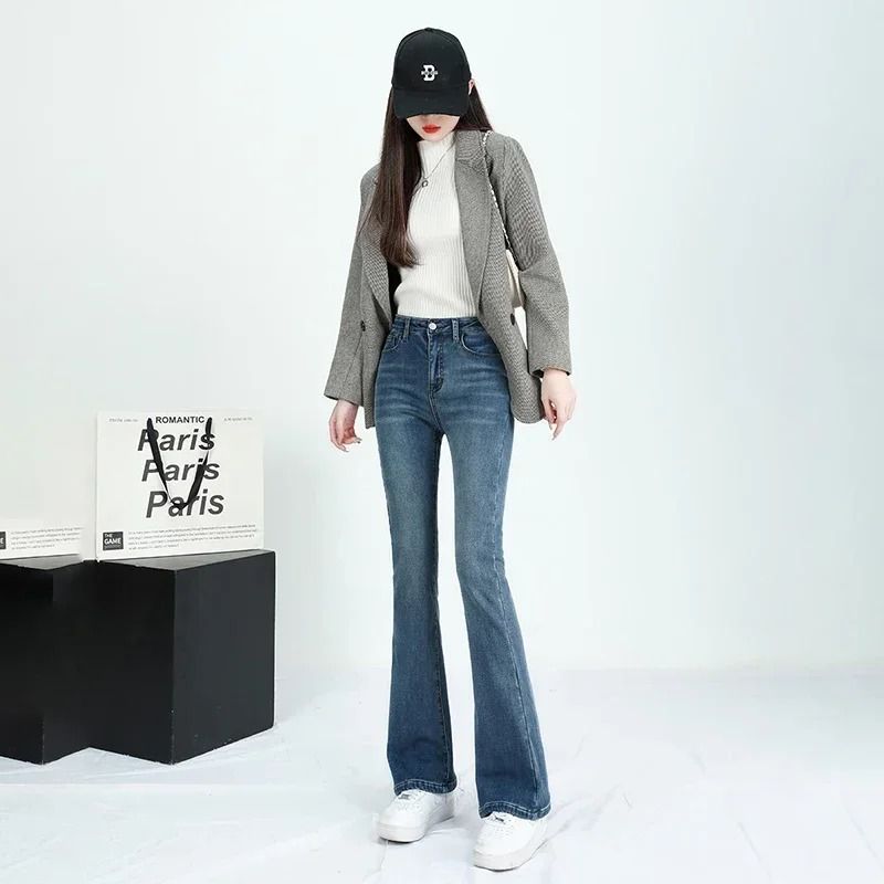 Women Winter High Waist Flare Denim Pants Warm Fleece Lined Retro Slim Fit 3