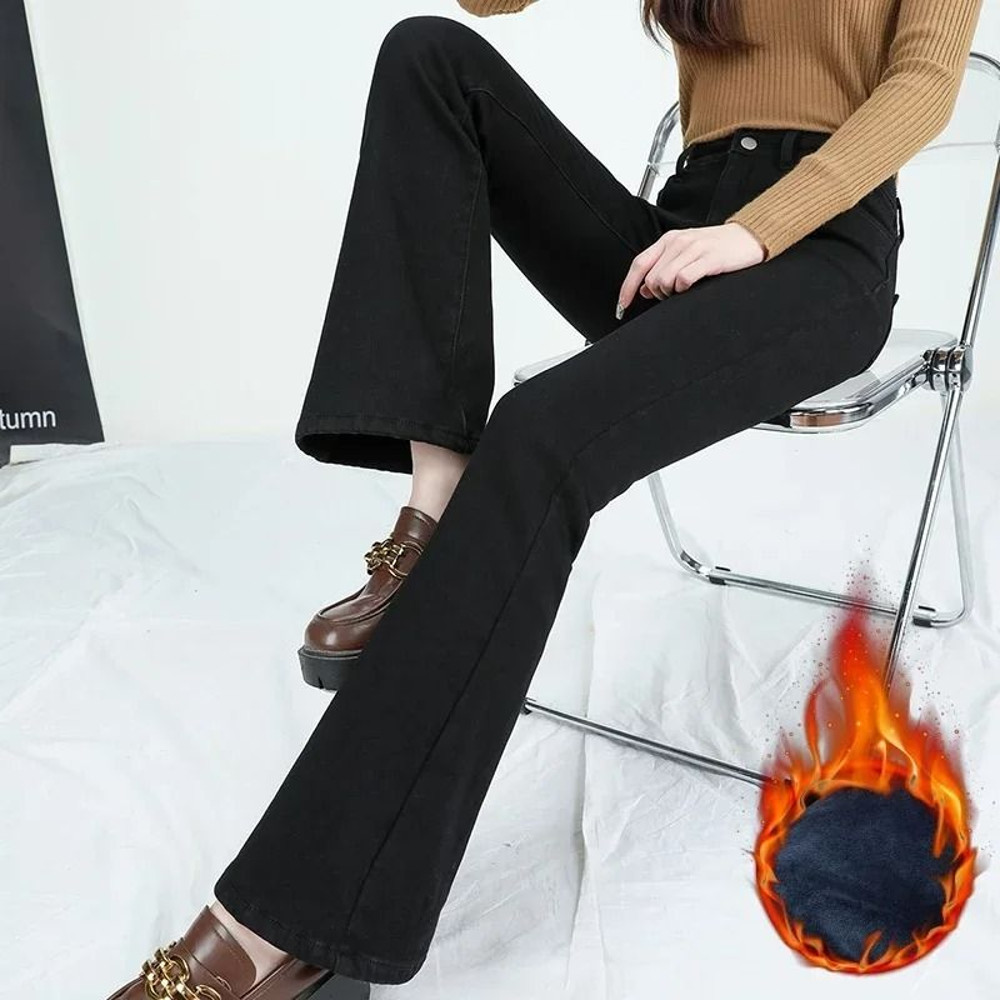 Women Winter High Waist Flare Denim Pants Warm Fleece Lined Retro Slim Fit 6