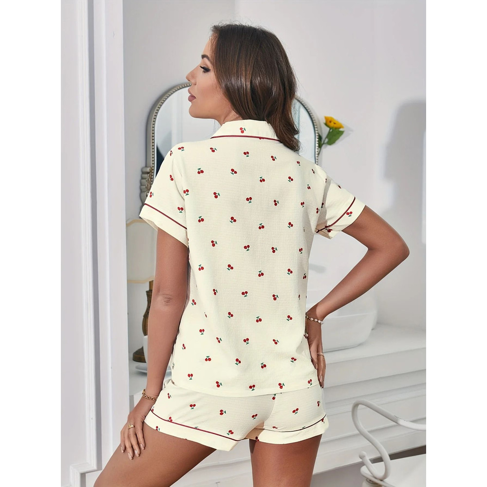 Women Cherry Print Textured Pajama Set Short Sleeve Button Top Elastic Shorts 3