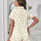 Women Cherry Print Textured Pajama Set Short Sleeve Button Top Elastic Shorts 3