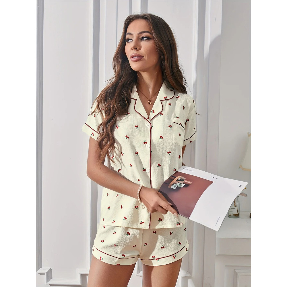 Women Cherry Print Textured Pajama Set Short Sleeve Button Top Elastic Shorts 4