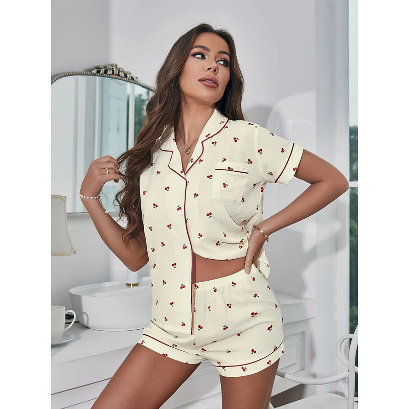 Women Cherry Print Textured Pajama Set Short Sleeve Button Top Elastic Shorts 6