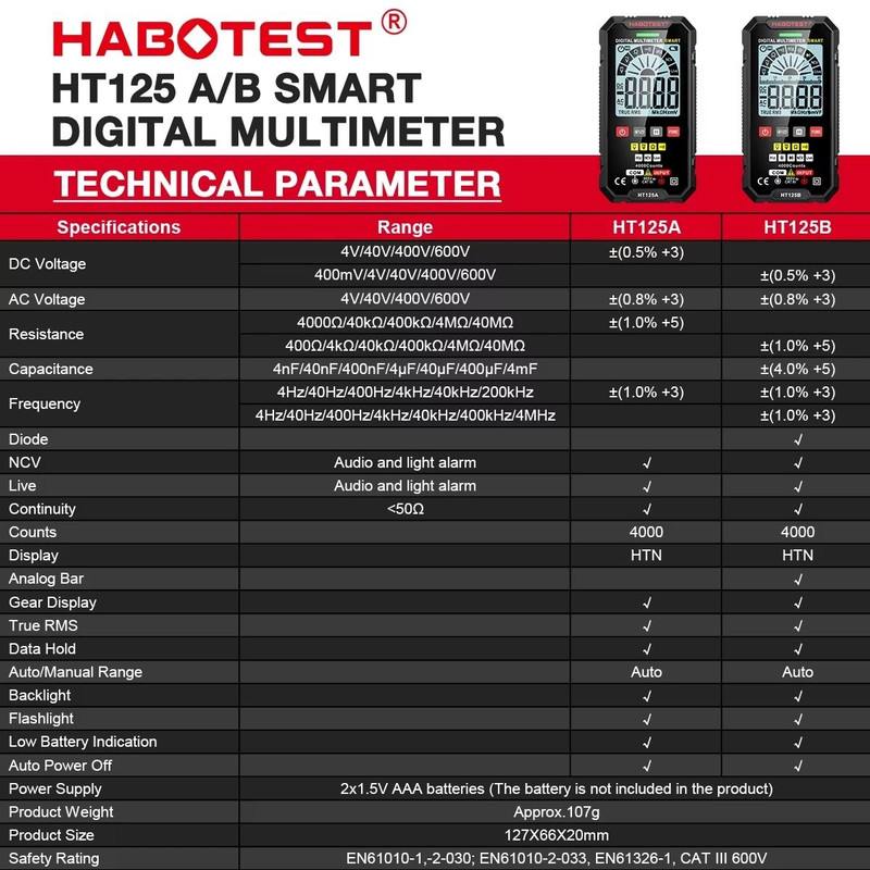 HABOTEST HT125 Smart Multimeter 600V AC DC True RMS Digital Tester 5