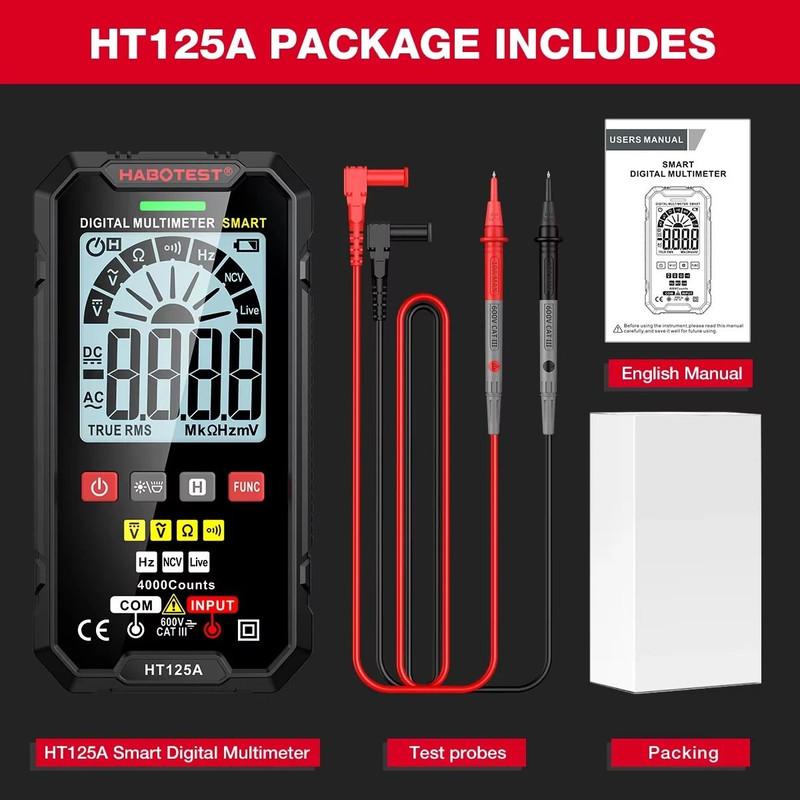 HABOTEST HT125 Smart Multimeter 600V AC DC True RMS Digital Tester 6