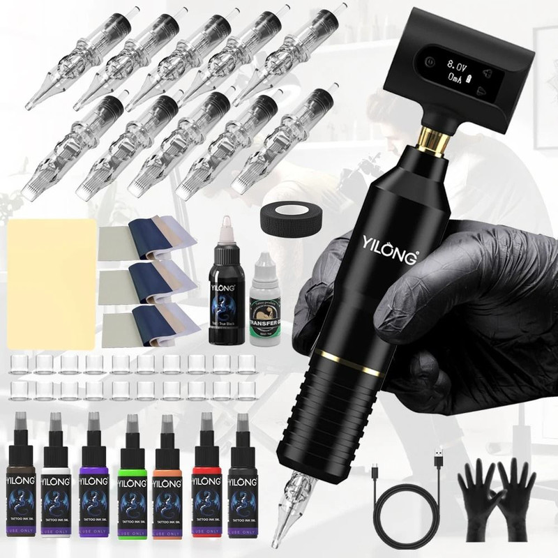 Professional Wireless Rotary Tattoo Machine Kit With 10 Cartridge Needles Complete Set 13
