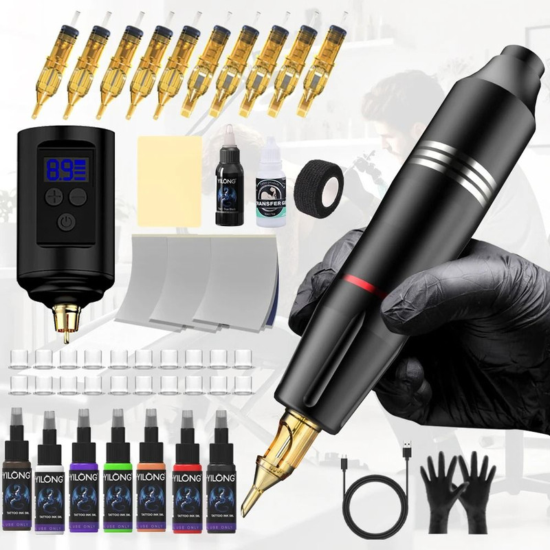 Professional Wireless Rotary Tattoo Machine Kit With 10 Cartridge Needles Complete Set 14