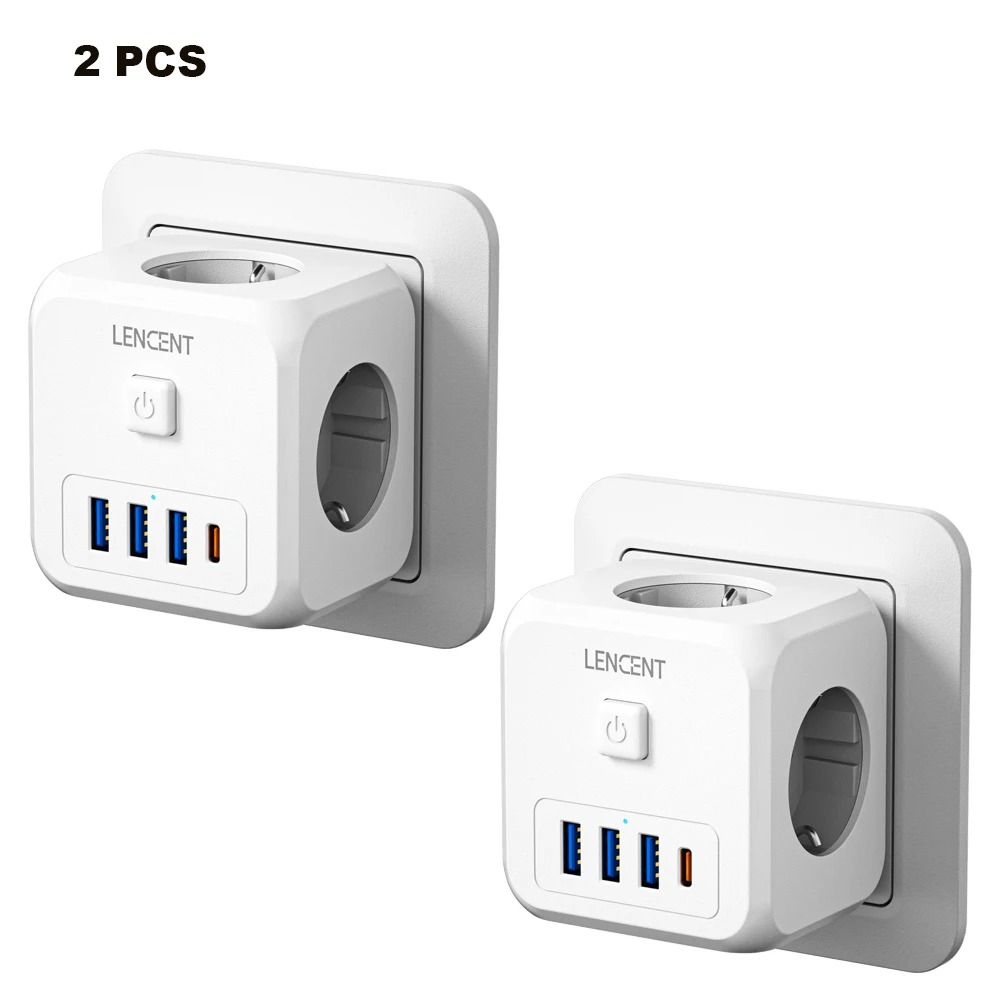 LENCENT EU Plug Power Strip With Three AC Outlets Three USB Ports And One USB C Adapter 12