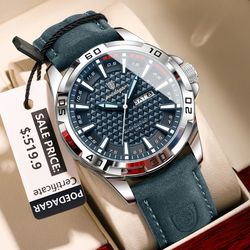 poedagar mens luxury waterproof luminous date week quartz watch