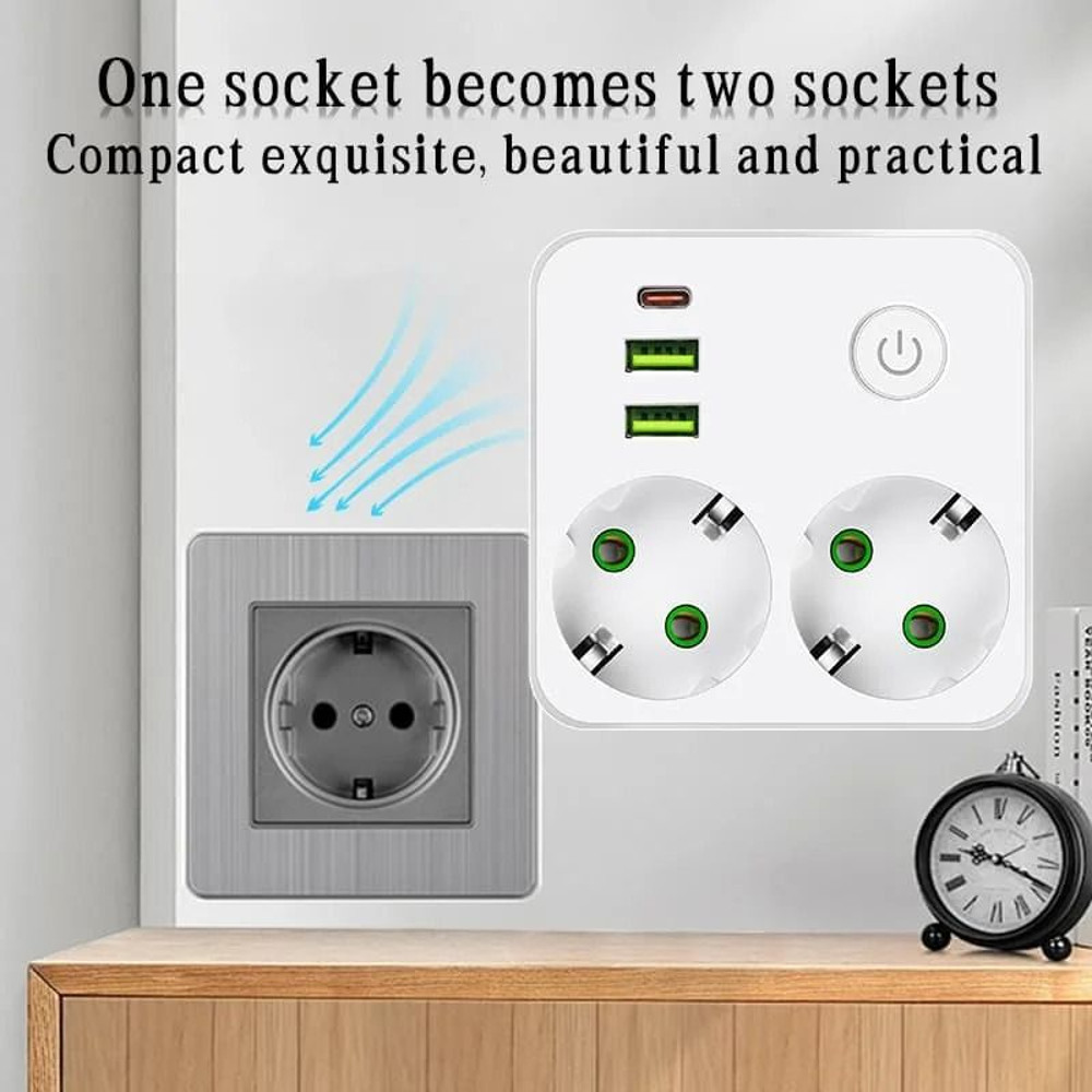 EU Plug Wall Power Strip Two AC Sockets With USB Ports Type C 4