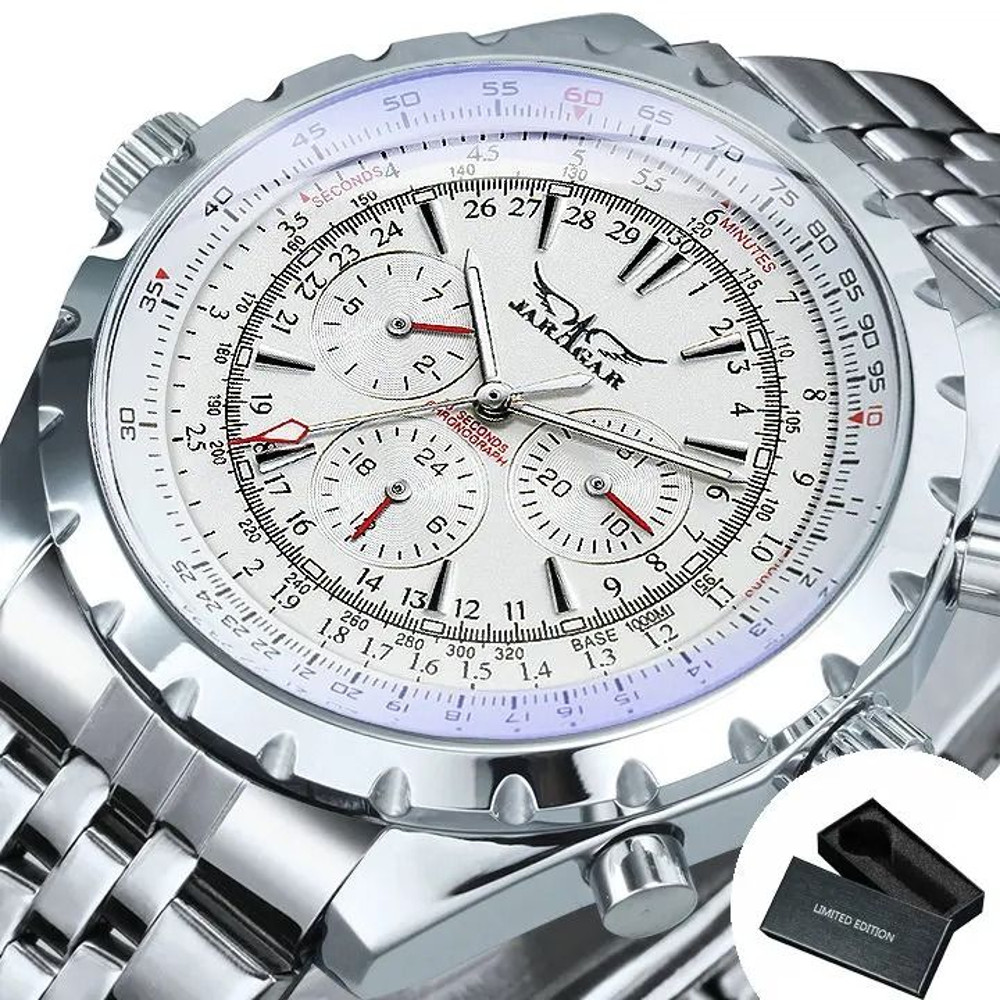 JARAGAR Sports Automatic Mechanical Watch For Men Silver Stainless Steel Strap 8