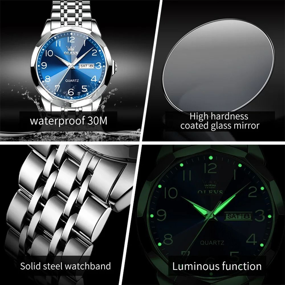 OLEVS Original Waterproof Mens Quartz Mirror Watch Stainless Steel Luminous 4