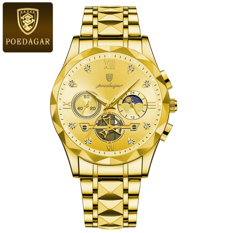 Poedagar Luxury Mens Chronograph Stainless Steel Waterproof Quartz Watch 9