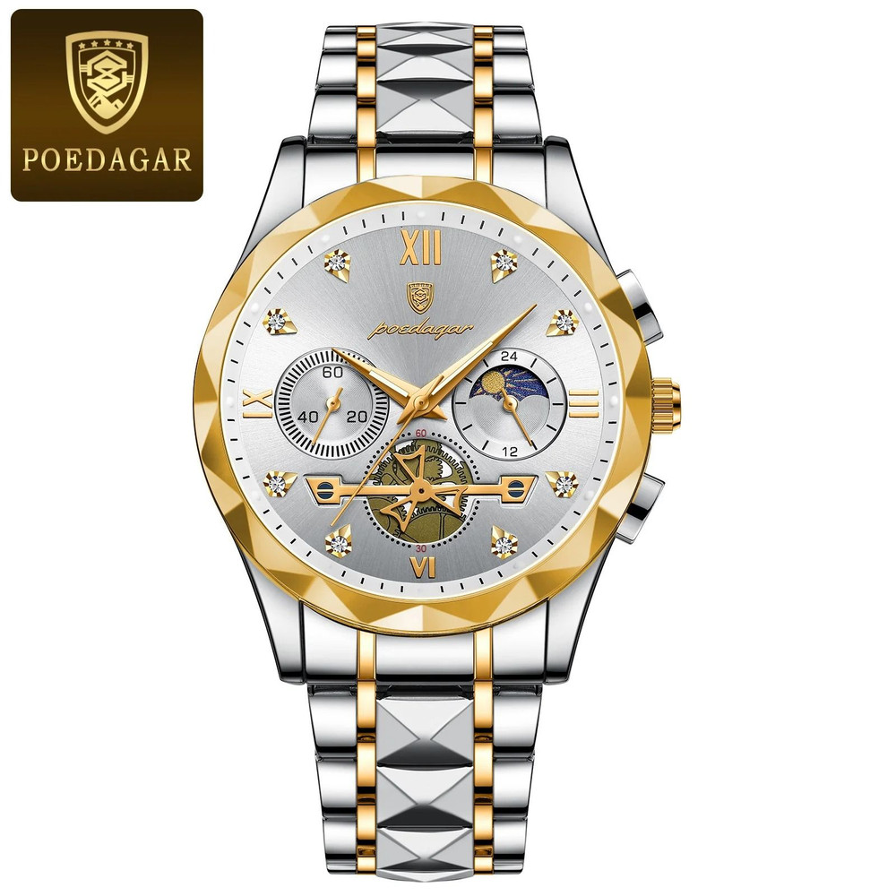 Poedagar Luxury Mens Chronograph Stainless Steel Waterproof Quartz Watch 10
