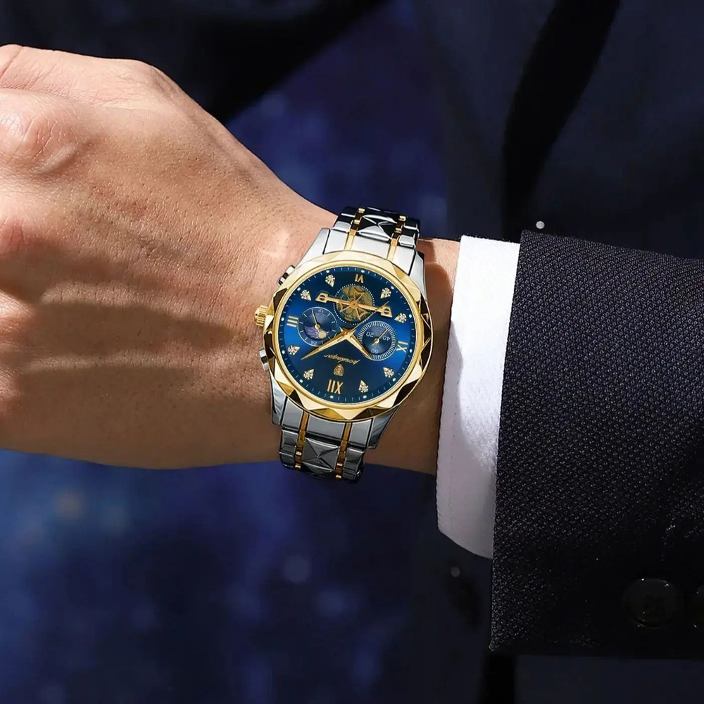 Poedagar Luxury Mens Chronograph Stainless Steel Waterproof Quartz Watch 5