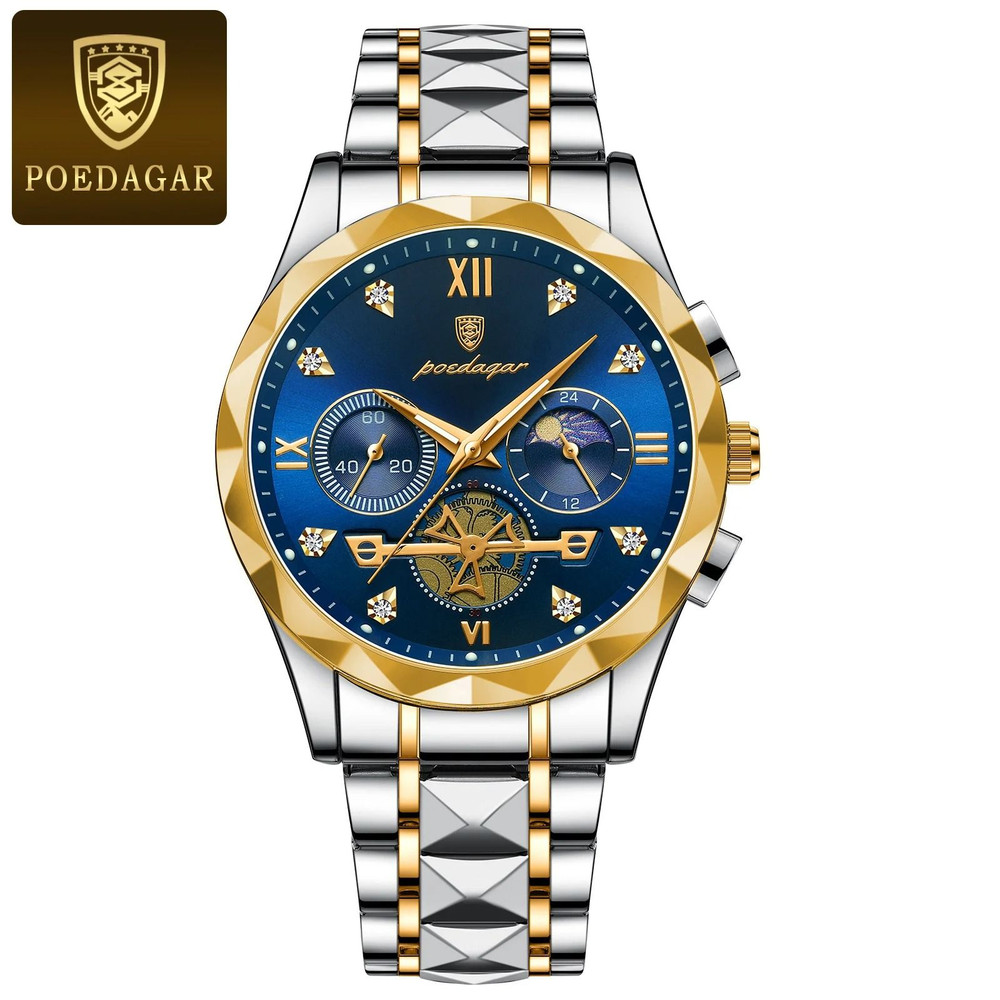 Poedagar Luxury Mens Chronograph Stainless Steel Waterproof Quartz Watch 6