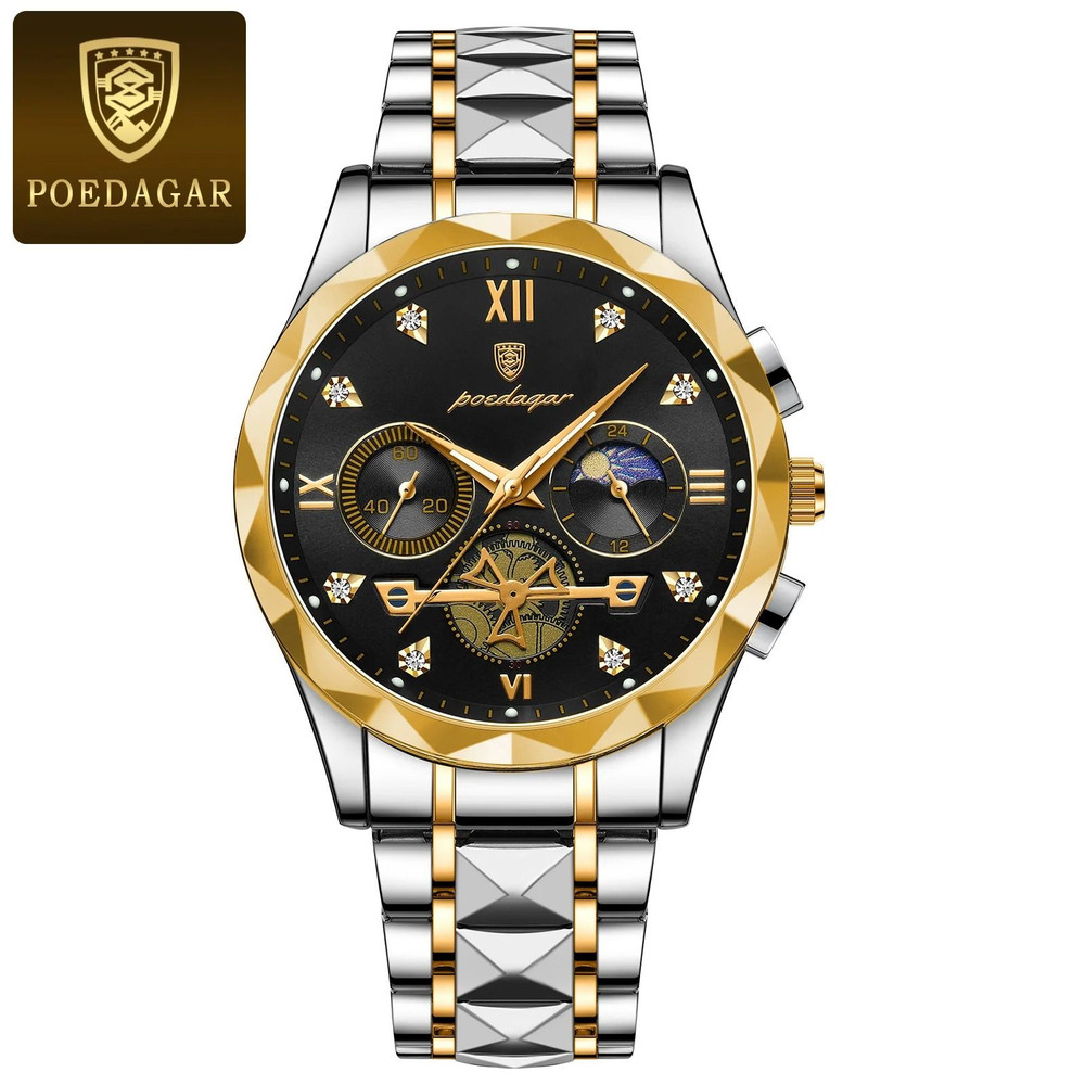 Poedagar Luxury Mens Chronograph Stainless Steel Waterproof Quartz Watch 7