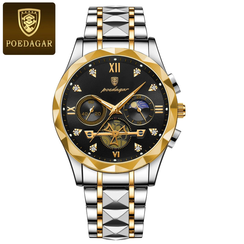 Poedagar Luxury Mens Chronograph Stainless Steel Waterproof Quartz Watch 7