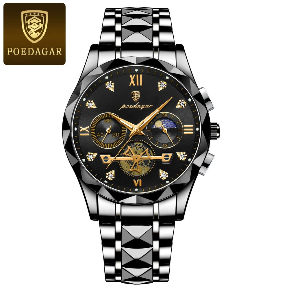 Poedagar Luxury Mens Chronograph Stainless Steel Waterproof Quartz Watch 11