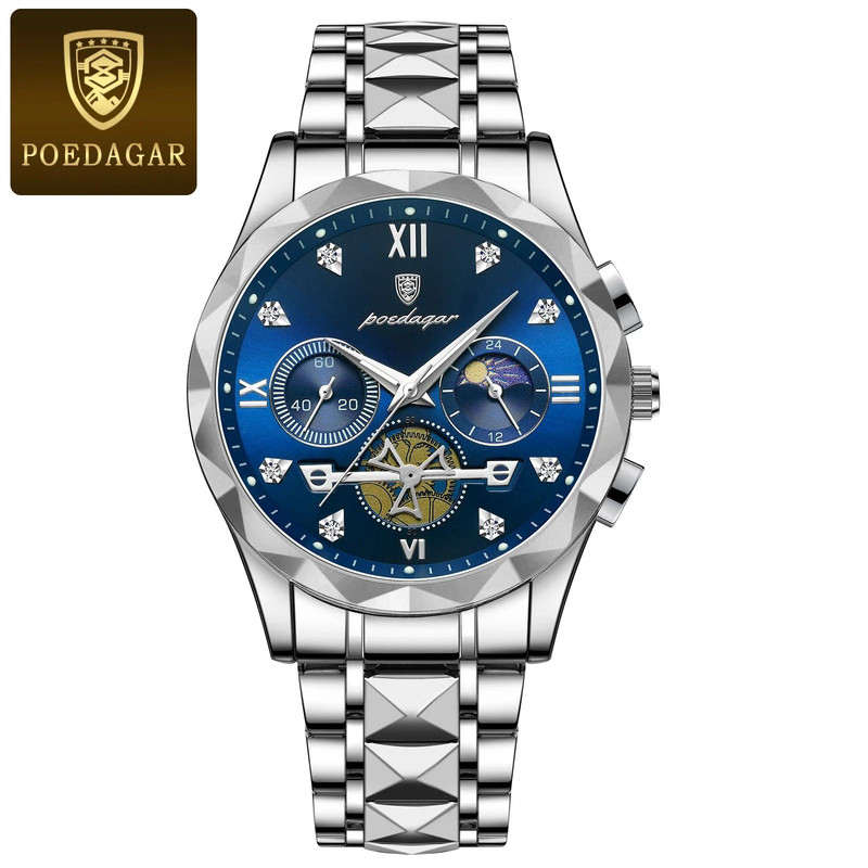 Poedagar Luxury Mens Chronograph Stainless Steel Waterproof Quartz Watch 12