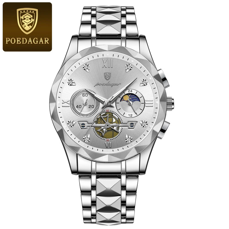 Poedagar Luxury Mens Chronograph Stainless Steel Waterproof Quartz Watch 14