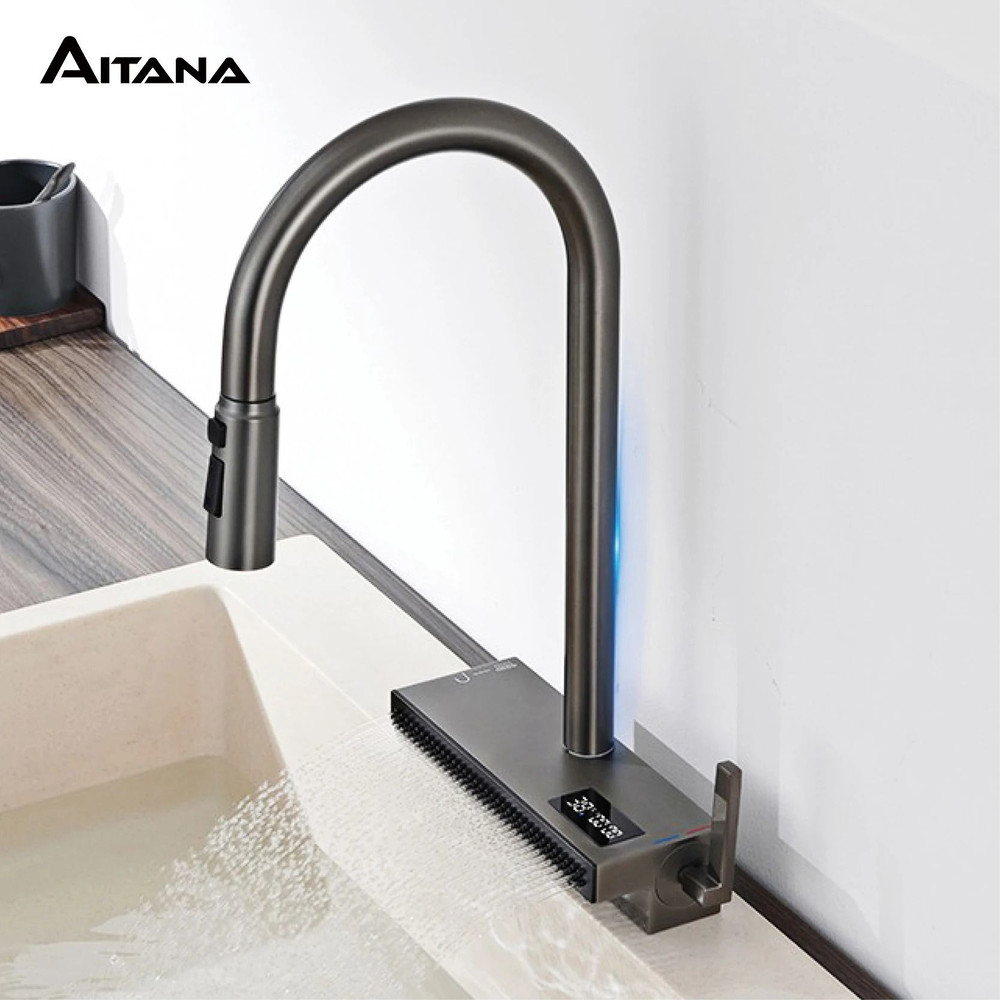 Luxury Gunmetal Brass LED Digital Display Kitchen Faucet Pull Out 0