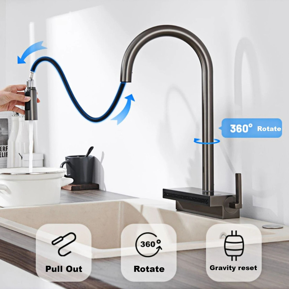 Luxury Gunmetal Brass LED Digital Display Kitchen Faucet Pull Out 1