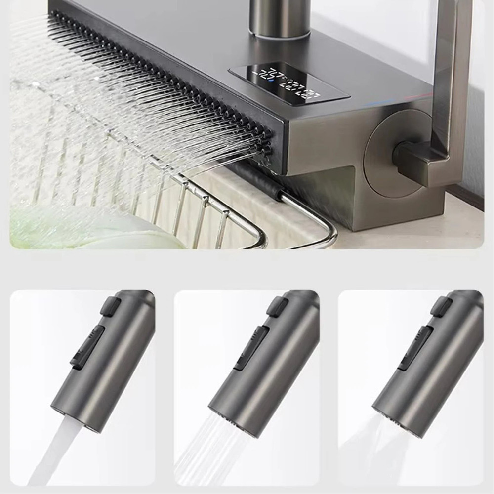 Luxury Gunmetal Brass LED Digital Display Kitchen Faucet Pull Out 2