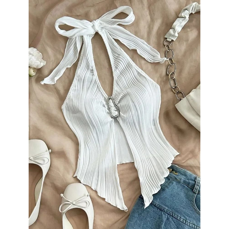 V Neck Halter Crop Top For Women Summer Split Backless Y2K 0