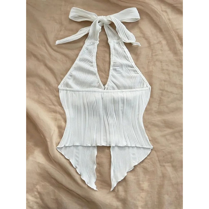 V Neck Halter Crop Top For Women Summer Split Backless Y2K 1