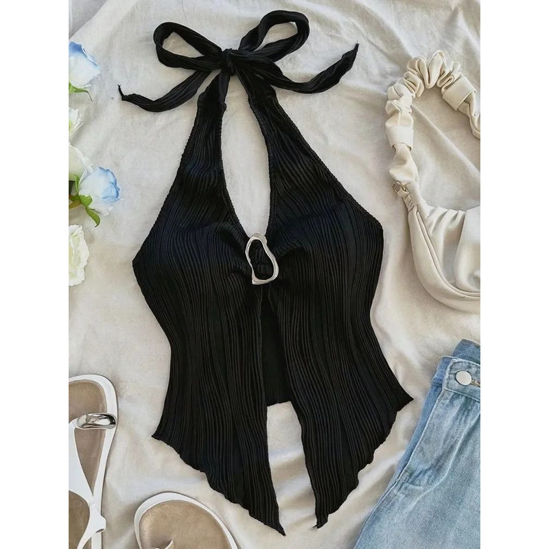 V Neck Halter Crop Top For Women Summer Split Backless Y2K 5