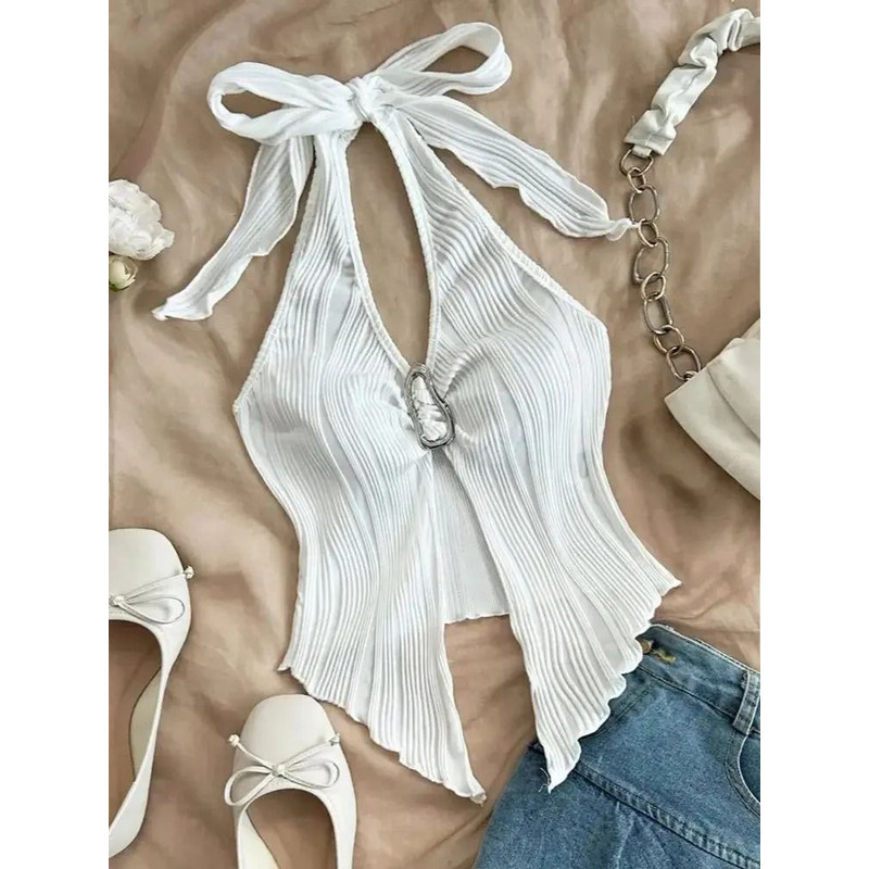 V Neck Halter Crop Top For Women Summer Split Backless Y2K 6