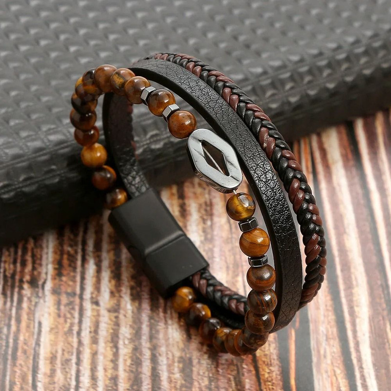 Leather Beaded Tiger Eye Multi Layer Bracelet For Men 13