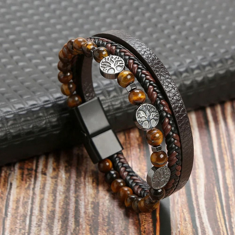 Leather Beaded Tiger Eye Multi Layer Bracelet For Men 18