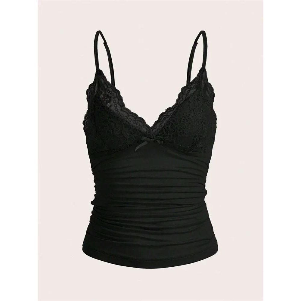 Contrast Lace Bow Front Crop Cami Top For Women 0