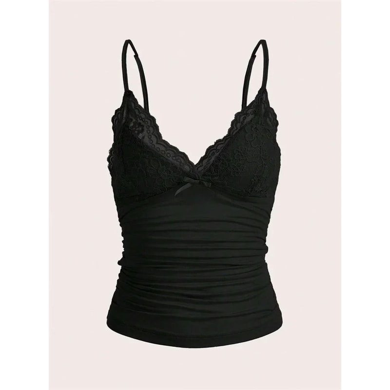 Contrast Lace Bow Front Crop Cami Top For Women 0