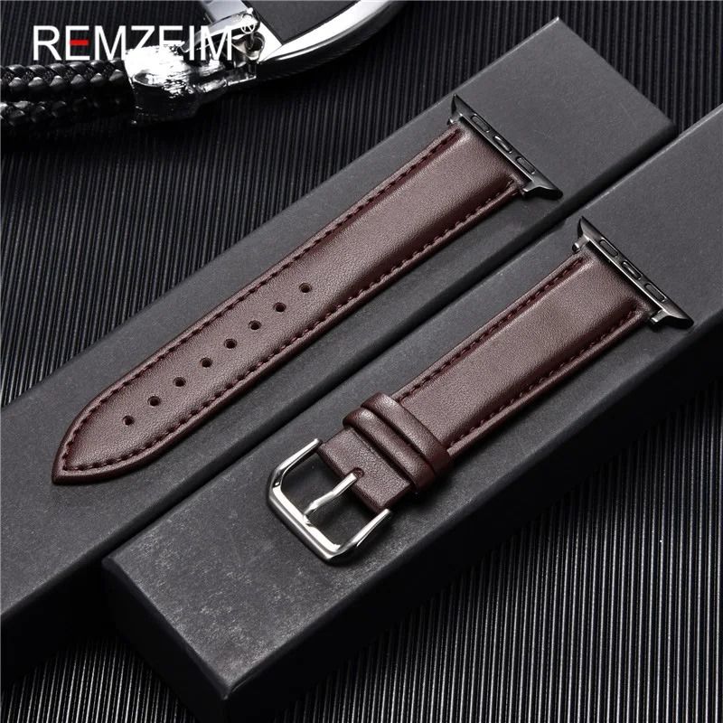 Calfskin Genuine Leather Watchband 38mm 40mm 41mm For Apple Watch 9