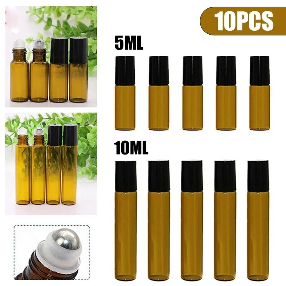 Amber Glass Roll On Bottle Set 10 Piece 5ml And 10ml Refillable Essential Oil Containers With Rolle 0