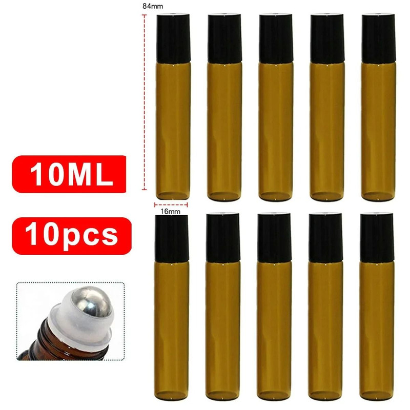 Amber Glass Roll On Bottle Set 10 Piece 5ml And 10ml Refillable Essential Oil Containers With Rolle 6