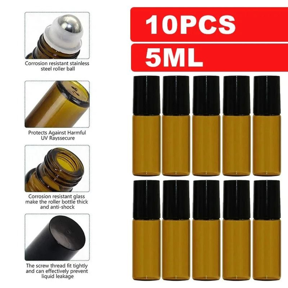 Amber Glass Roll On Bottle Set 10 Piece 5ml And 10ml Refillable Essential Oil Containers With Rolle 7