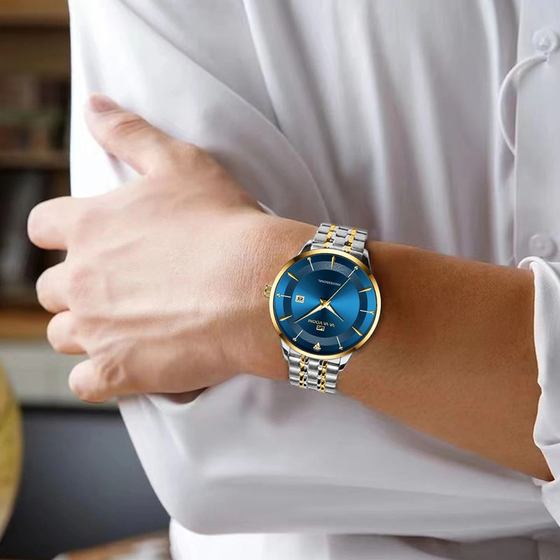 Mens Stainless Steel Rhinestone Business Watch 43mm Blue Gold Quartz 4