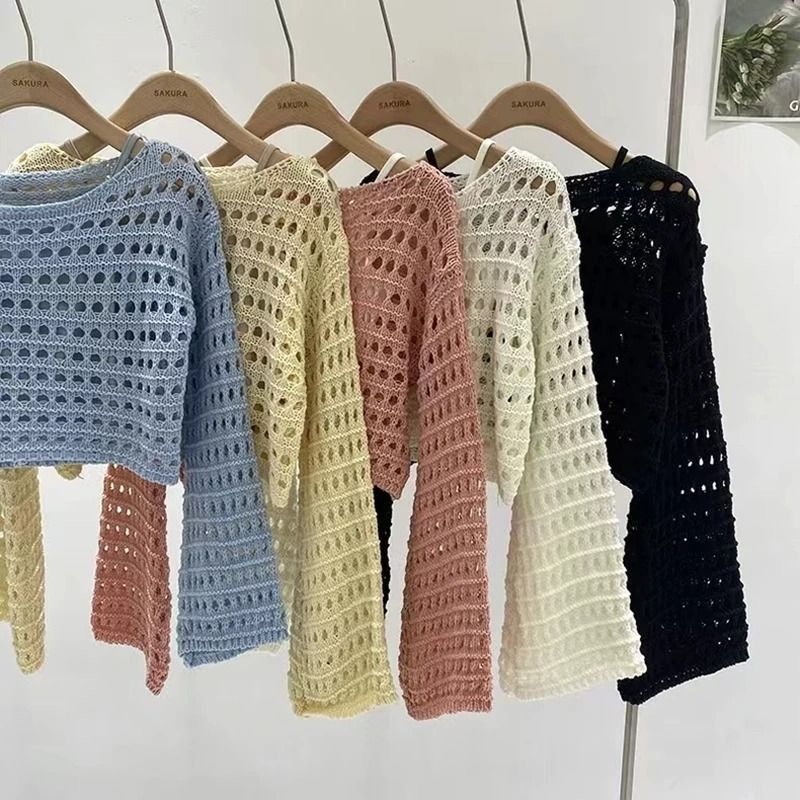 Women Long Sleeve Crochet Knit Crop Top Beach Vacation Pullover 1
