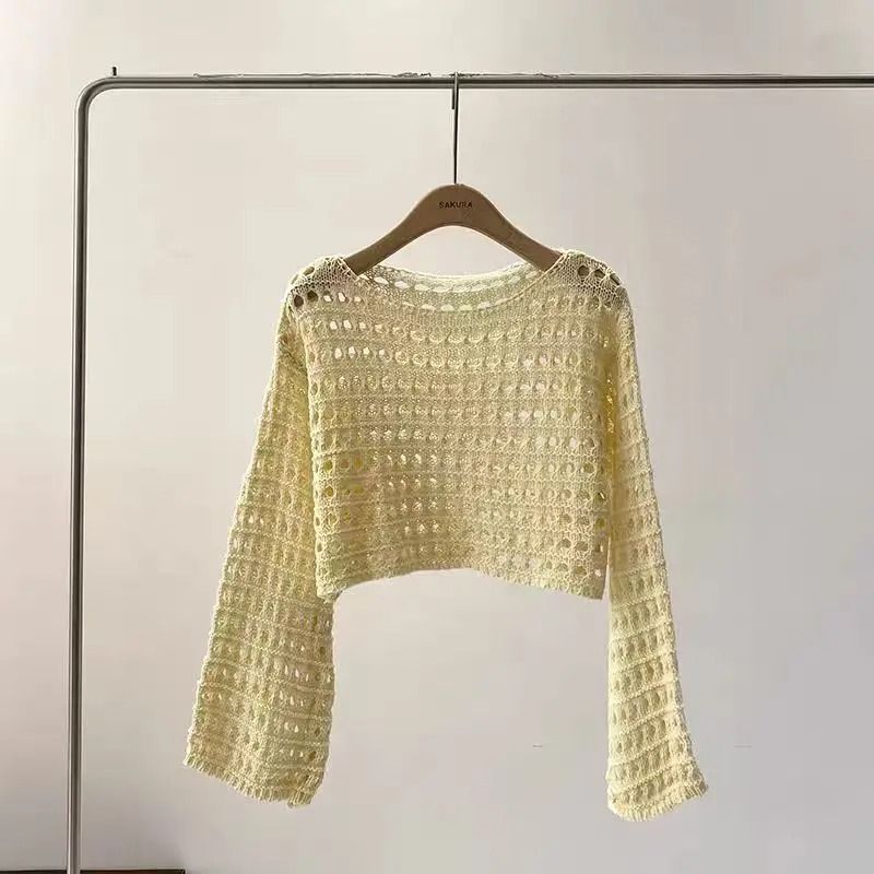 Women Long Sleeve Crochet Knit Crop Top Beach Vacation Pullover 4