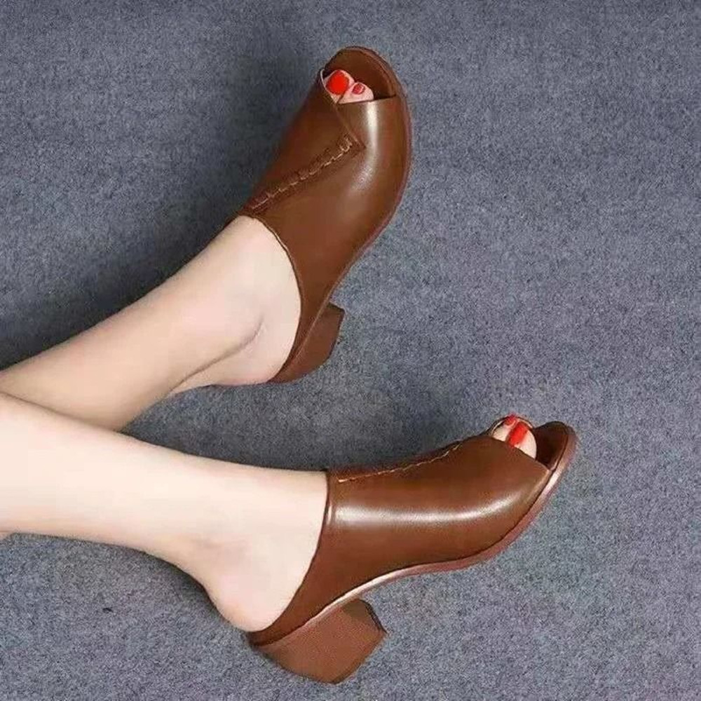 Women Thick Heeled Soft Leather Fish Mouth Slippers Mid Heel Sandals 7