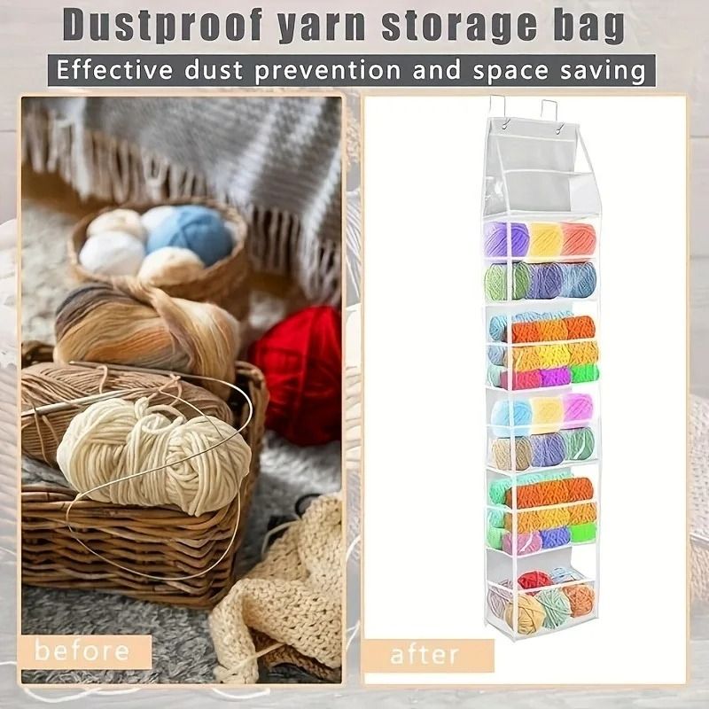 Door Mounted Yarn Storage Organizer For Knitting And Crochet With Transparent Bags And Hooks 4