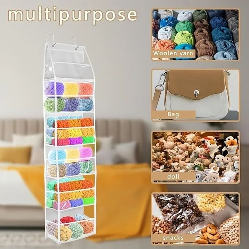 Door Mounted Yarn Storage Organizer For Knitting And Crochet With Transparent Bags And Hooks 5