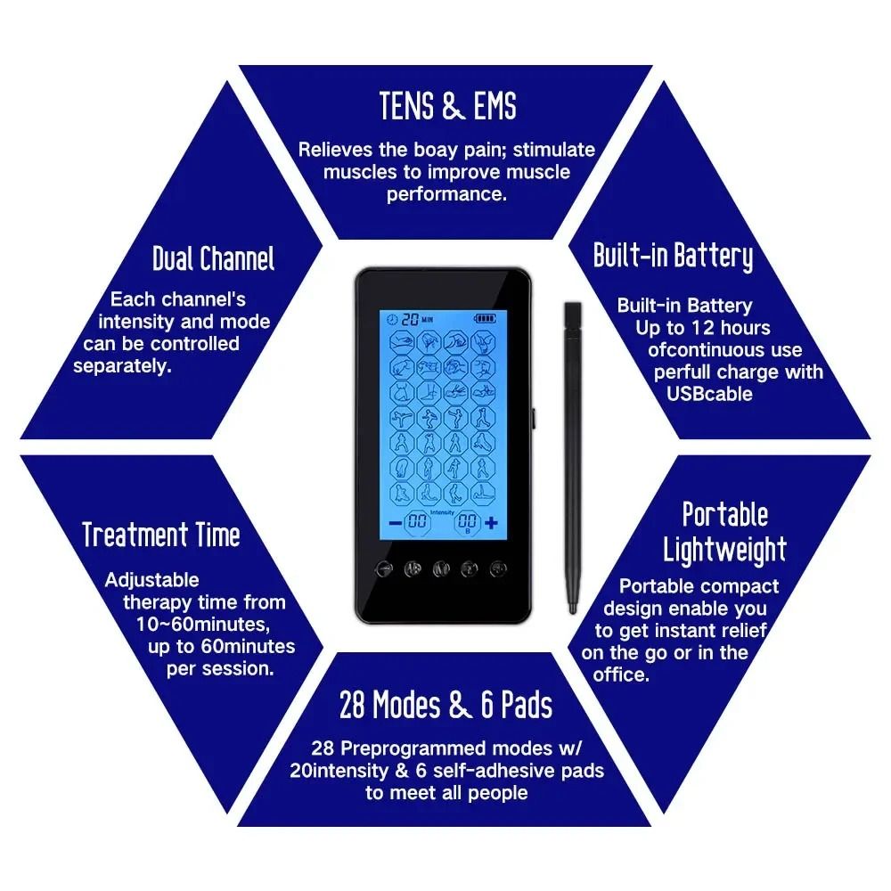 28 Mode TENS Electric Pulse Body Massager With LCD Touch Dual Output 1