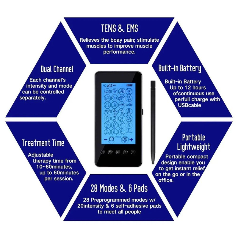 28 Mode TENS Electric Pulse Body Massager With LCD Touch Dual Output 1